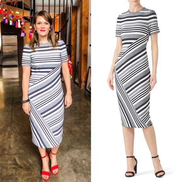 BADGLEY MISCHKA Navy Multi Asymmetrical Stripe Short Sleeve Sheath Midi Dress 10 - Picture 1 of 7